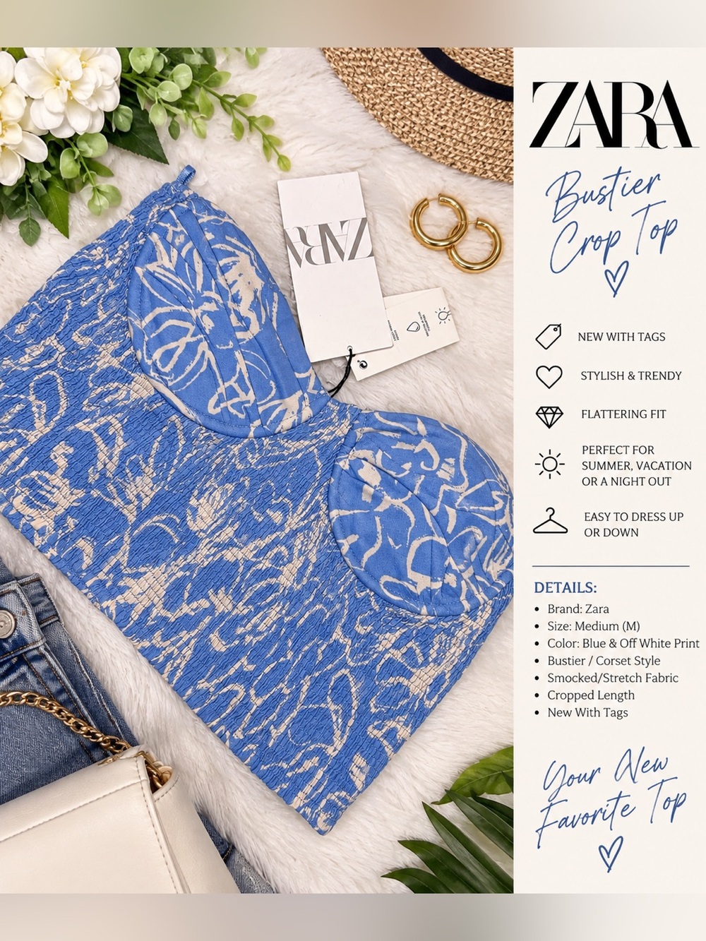 Zara Blue & Off-White Bustier Crop Top